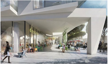 seven-story, mixed-use structure at 500 Broadway, replacing a Fred Segal complex entrance
