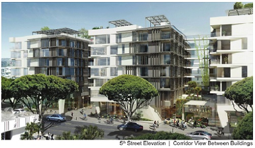 seven-story, mixed-use structure at 500 Broadway, replacing a Fred Segal complex