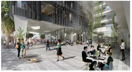 seven-story, mixed-use structure at 500 Broadway, replacing a Fred Segal complex public space