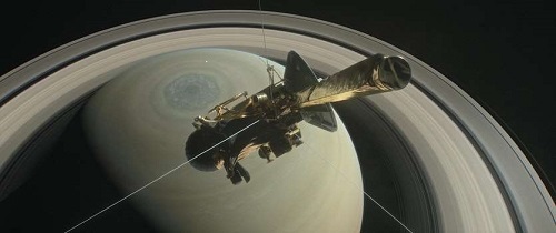 Rendering of Cassini orbiting Saturn